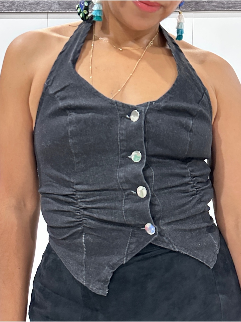Charcoal Halter Ruched Button-Front Tank Top